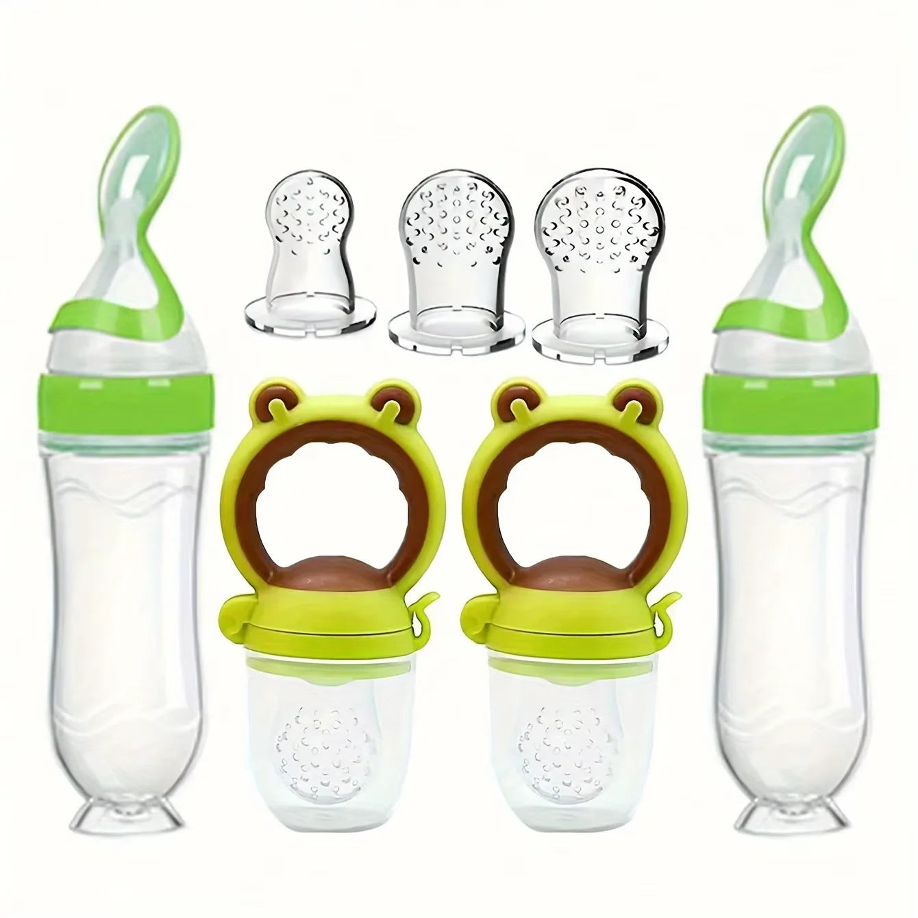 Dear Xime 7-Piece Silicone Baby Feeding Starter Set โ Bottles, Fruit Feeders & Spoons | 0M+