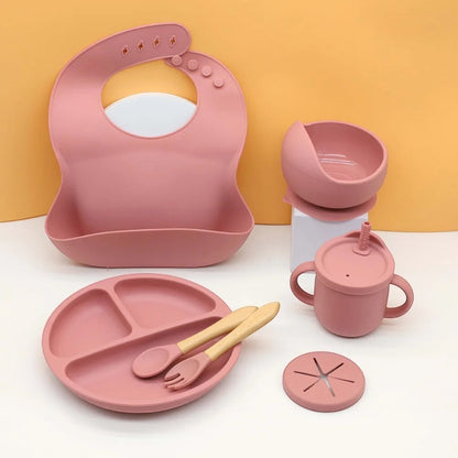 Dear Xime 7-Piece Silicone Mealtime Set — Suction Plate, Bowl, Bib, Cup, Snack Cup & Wooden Cutlery | 6M+